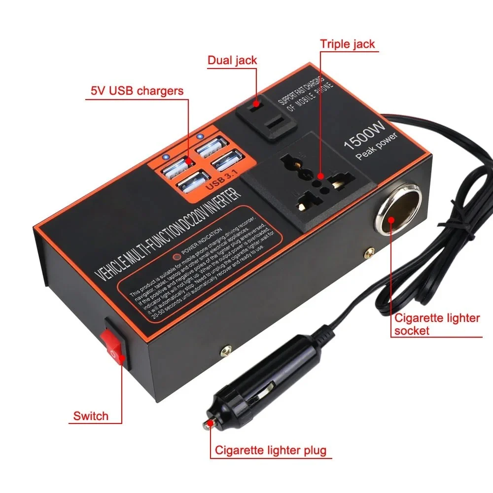 محوّل كهرباء للسيارة من 12V/24V إلى 220V بأربعة منافذ USB